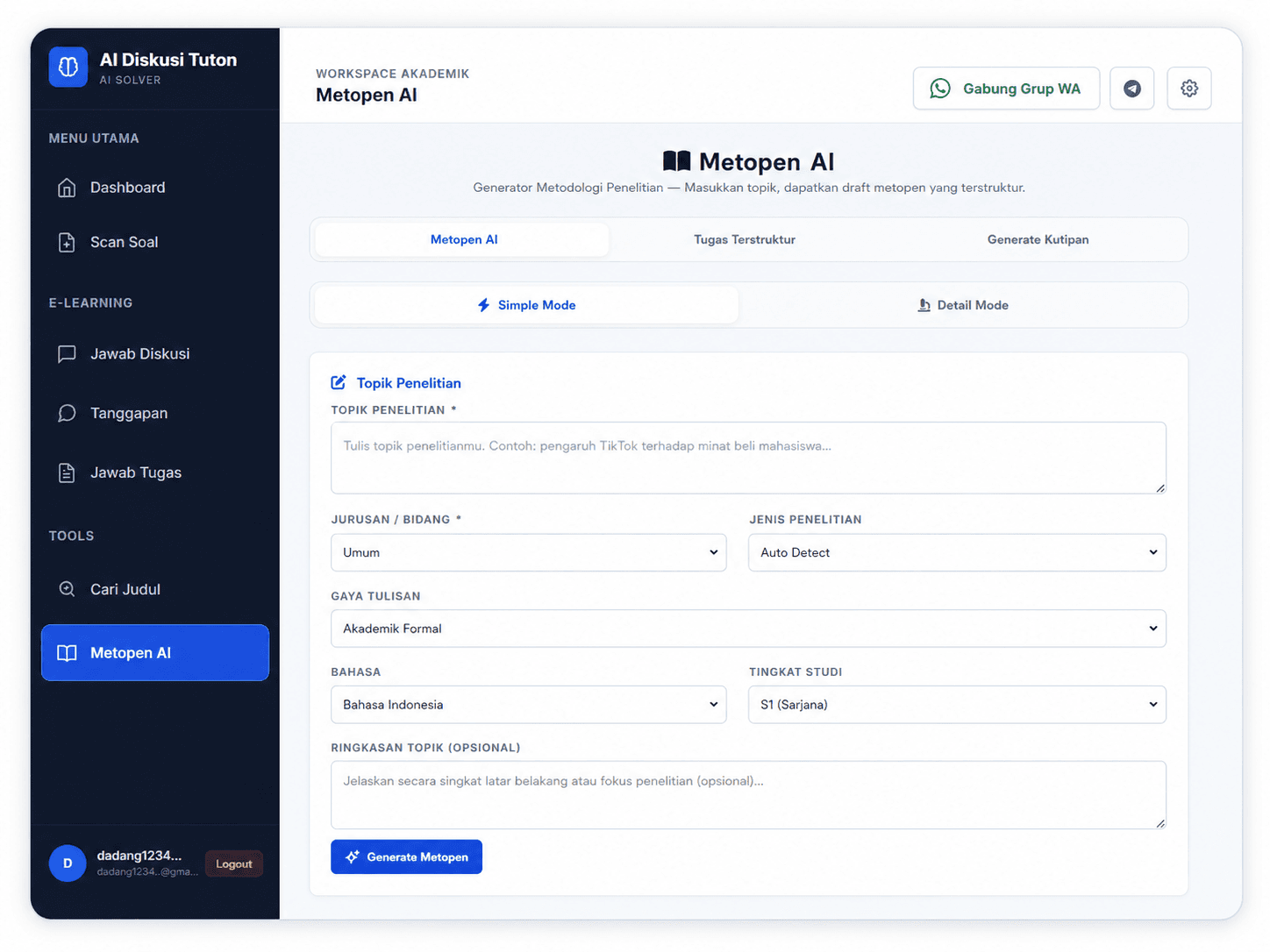 Tampilan fitur Metopen AI untuk menyusun metode penelitian